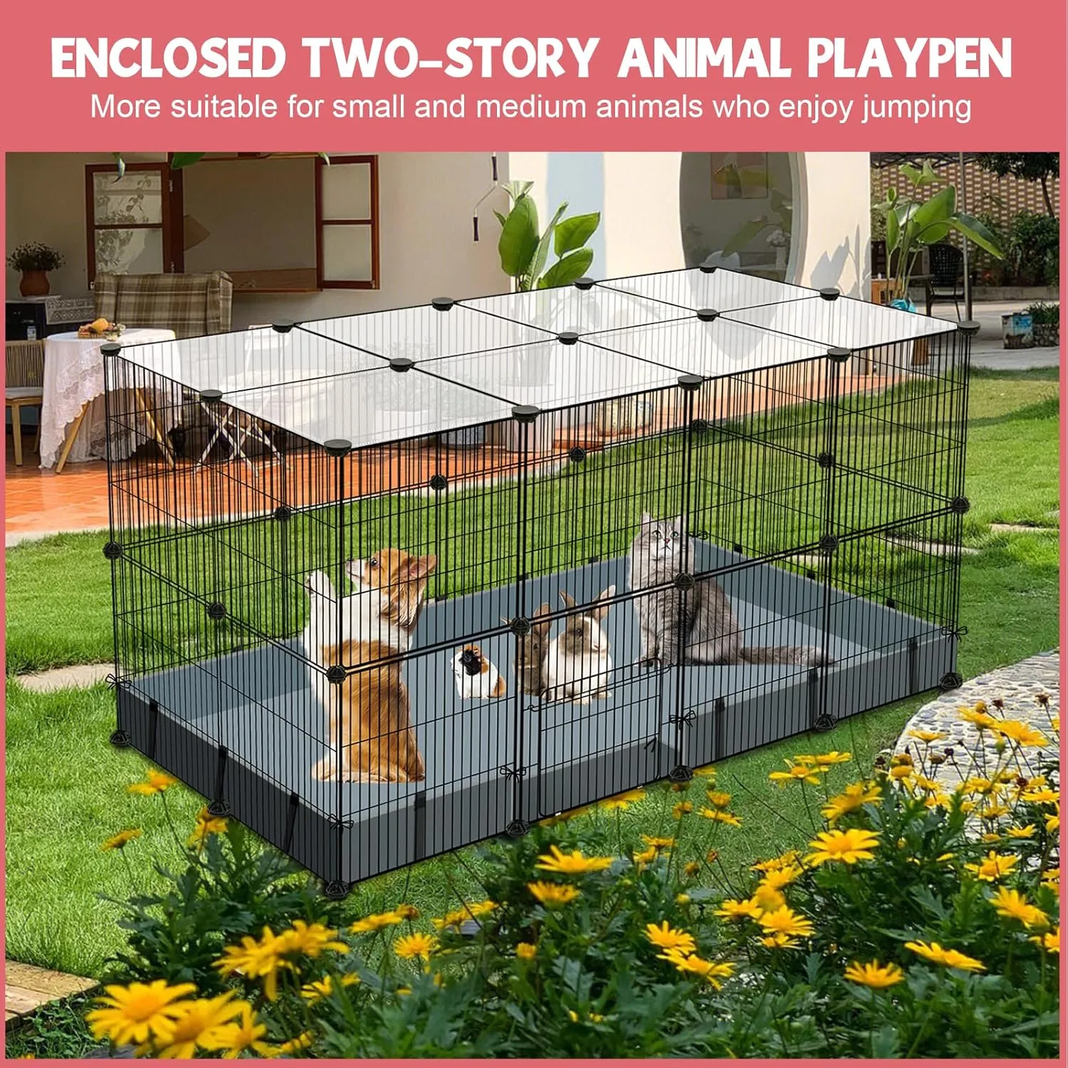 32 Panels Small Animal Playpen,Pet Playpen with Waterproof Mat,C&C Cage for Guinea Pigs, Play Pen for Rabbit and Chicken,Bunny Pen