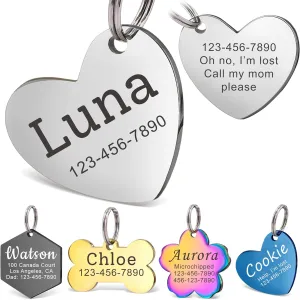 Anavia Personalized Pet ID Tags, Stainless Steel Glossy Laser Engraved Dog Cat Collar Name Tags, Multiple Colors Shapes Sizes (Tilted Heart, Regular)