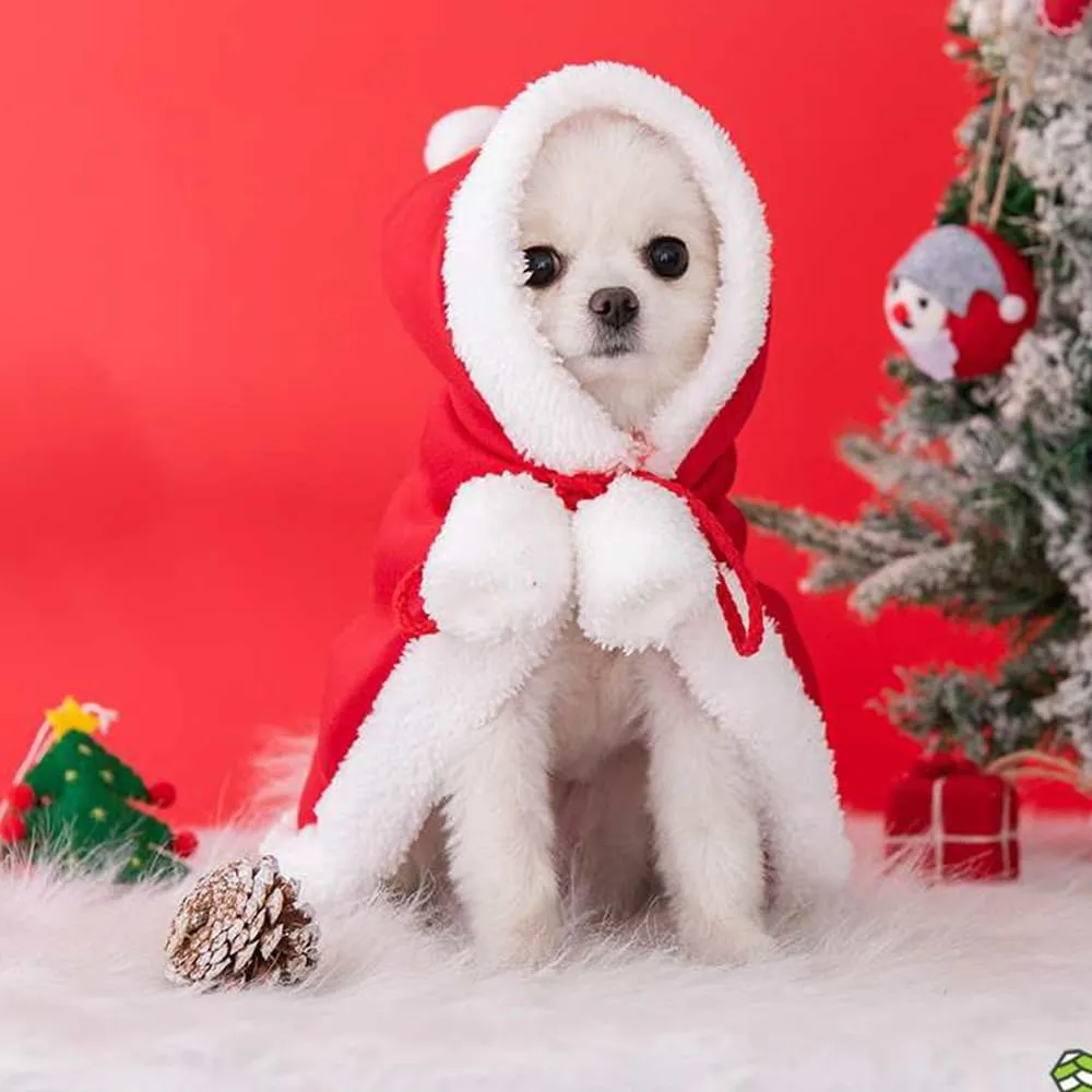 ANIAC Pet Christmas Costume Poncho Cape with Hat Santa Claus Cloak for Cats and Small Dogs Red Christmas Dog Costume Holiday Cat Outfit (Small)