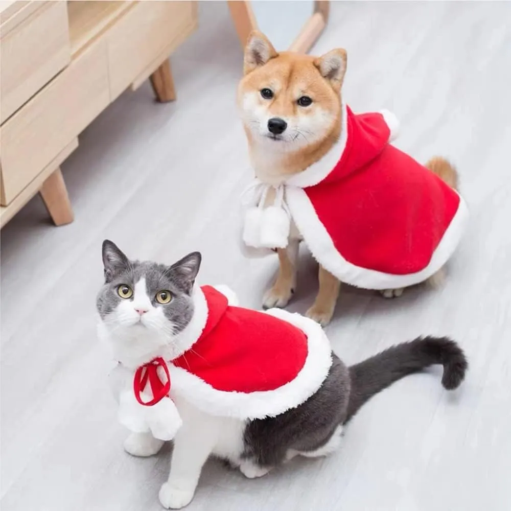 ANIAC Pet Christmas Costume Poncho Cape with Hat Santa Claus Cloak for Cats and Small Dogs Red Christmas Dog Costume Holiday Cat Outfit (Small)