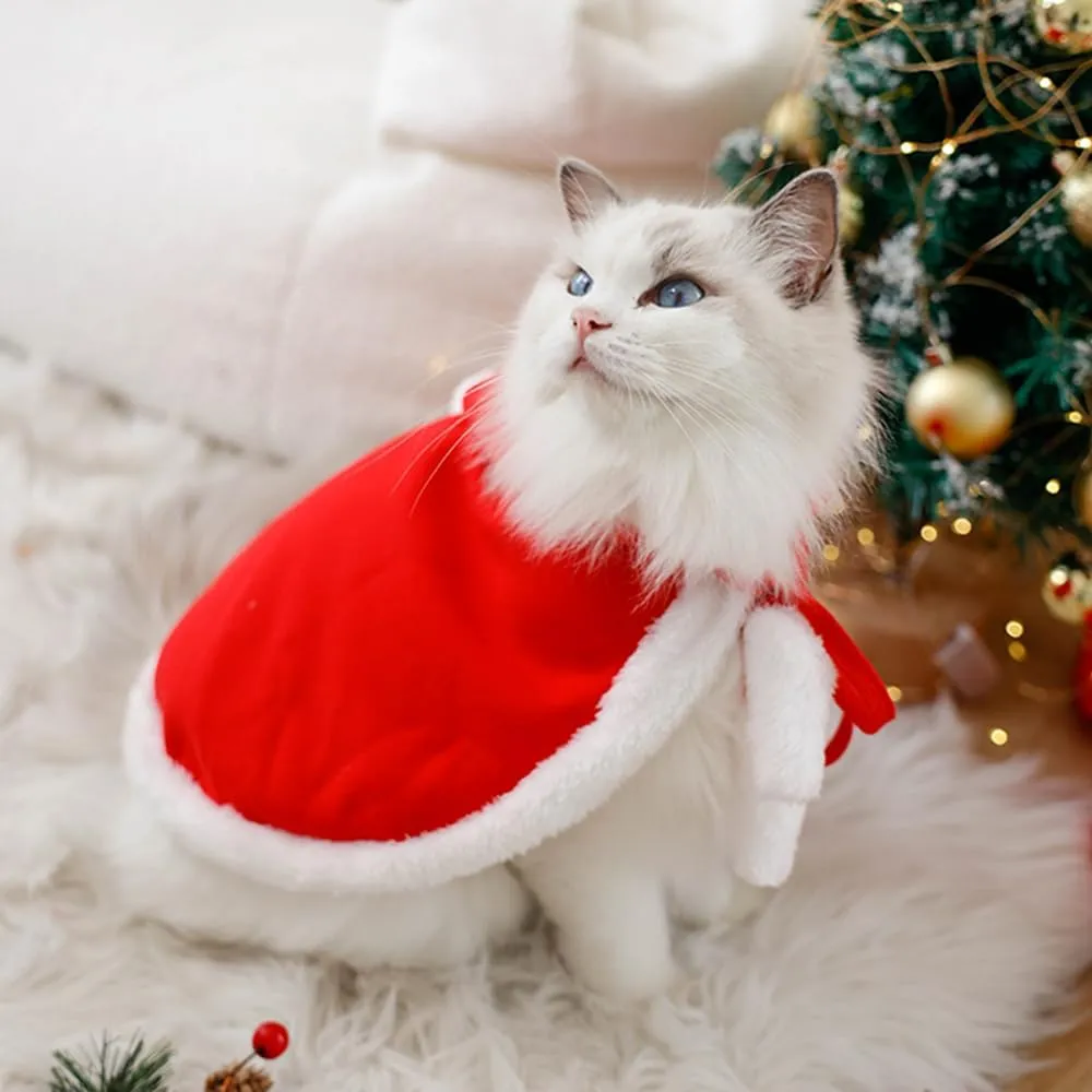 ANIAC Pet Christmas Costume Poncho Cape with Hat Santa Claus Cloak for Cats and Small Dogs Red Christmas Dog Costume Holiday Cat Outfit (Small)
