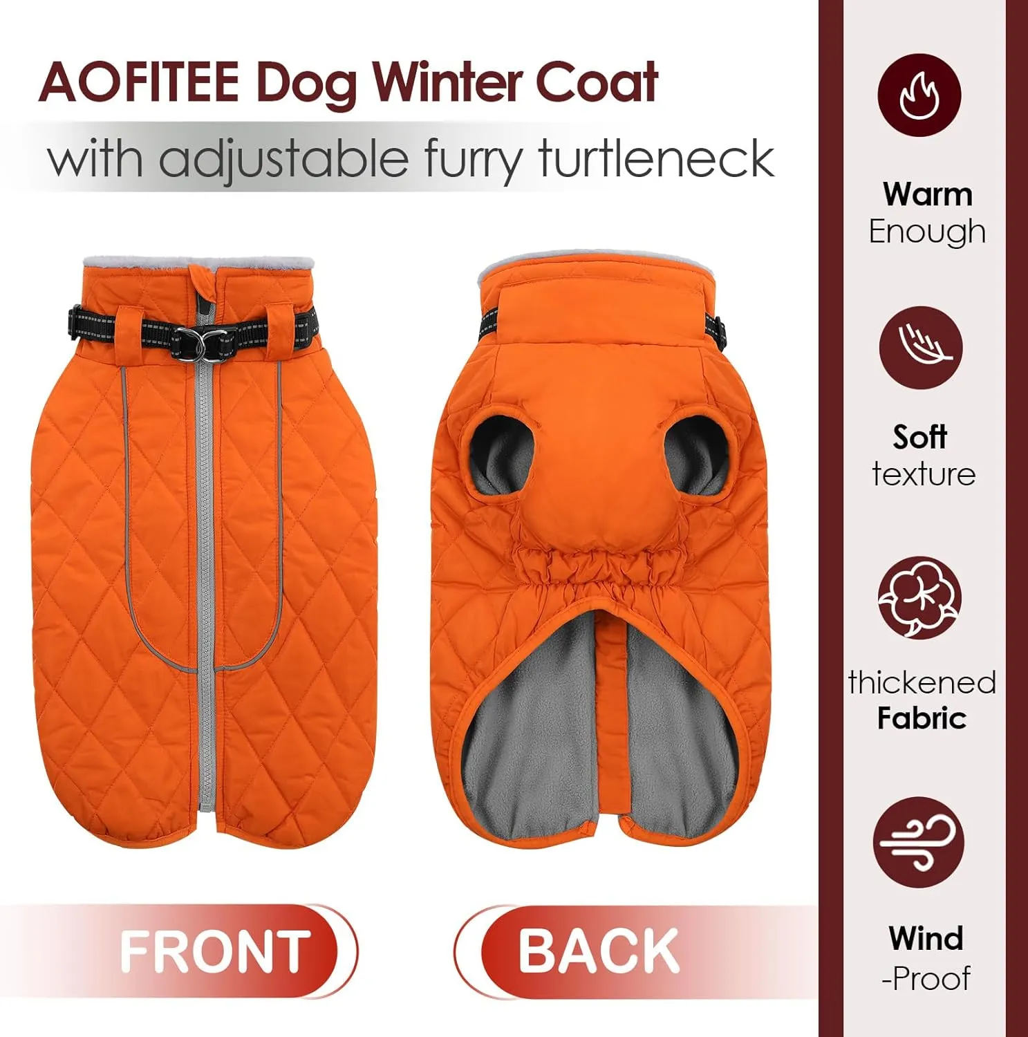 AOFITEE Coat for Medium Dogs, Turtleneck Warm Dog Winter Jacket with Back Zipper, Medium Pet Snowsuit with Reflective Trims, Dog Puffer Jacket for JackRussell, Boston Terrier, French Bulldog