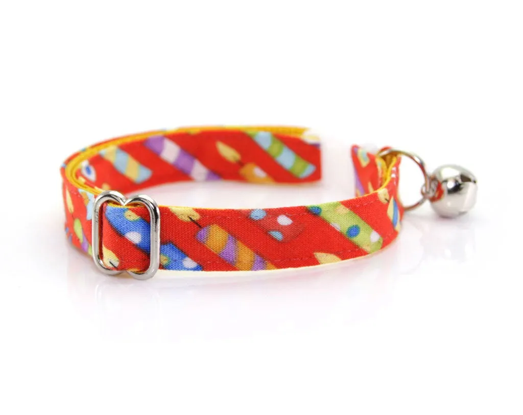 Bow Tie Cat Collar Set - "Birthday Candles" - Red Cat Collar w/Matching Bow Tie (Removable)