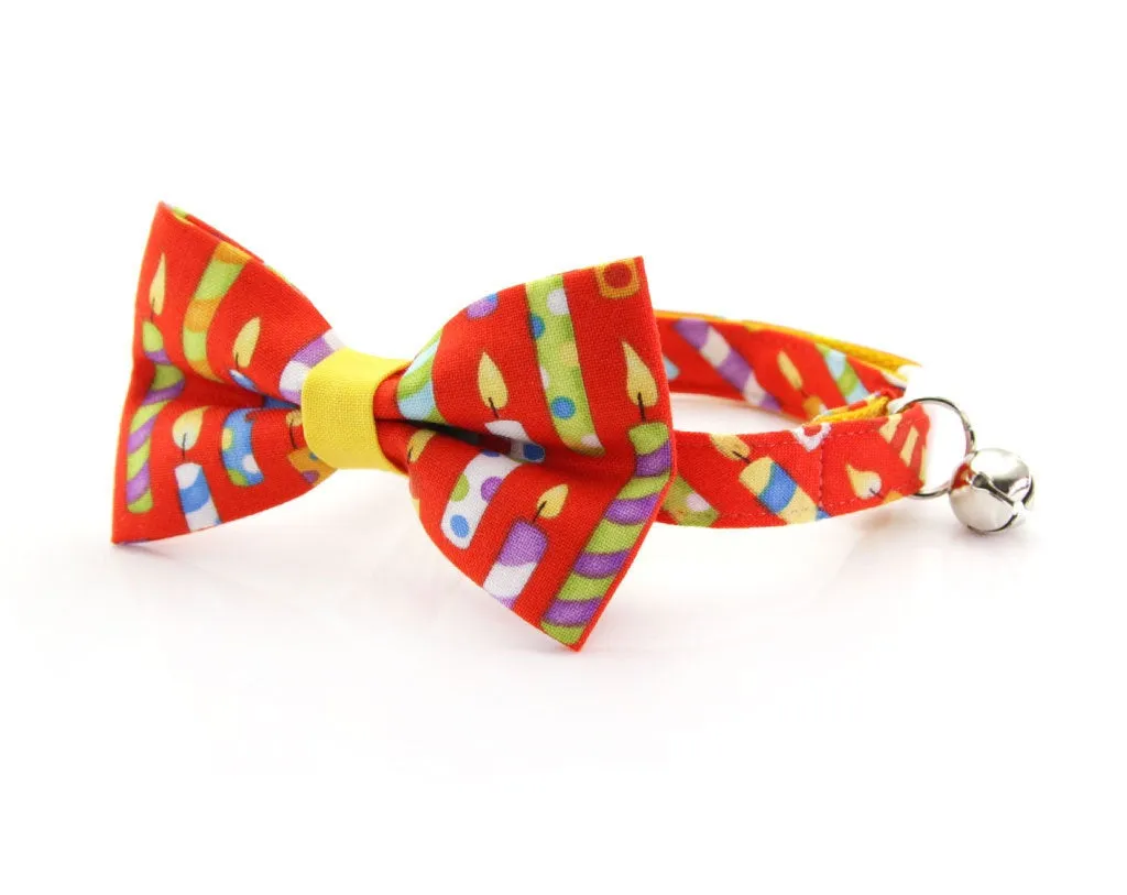 Bow Tie Cat Collar Set - "Birthday Candles" - Red Cat Collar w/Matching Bow Tie (Removable)