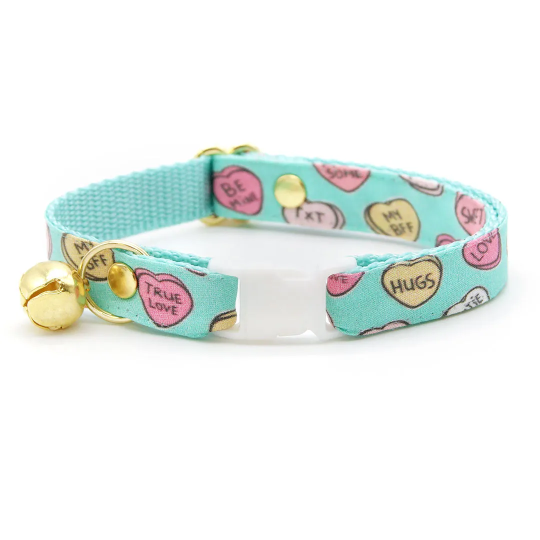Bow Tie Cat Collar Set - "Conversation Hearts - Mint" - Candy Heart Cat Collar w/ Matching Bowtie / Valentine's Day / Cat, Kitten, Small Dog Sizes