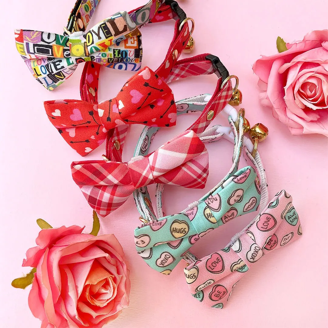 Bow Tie Cat Collar Set - "Conversation Hearts - Mint" - Candy Heart Cat Collar w/ Matching Bowtie / Valentine's Day / Cat, Kitten, Small Dog Sizes