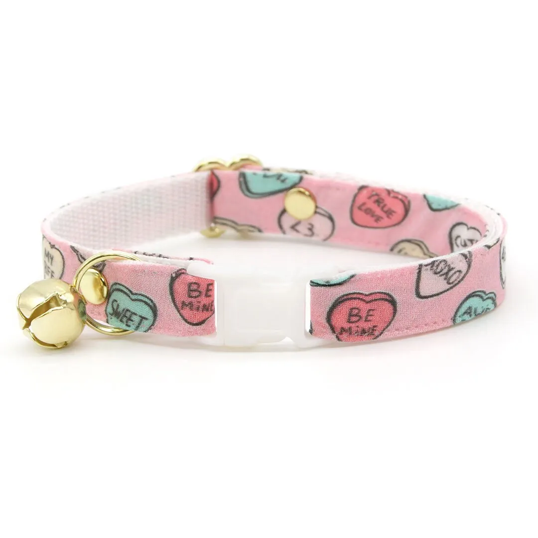 Bow Tie Cat Collar Set - "Conversation Hearts - Pink" - Candy Heart Cat Collar w/ Matching Bowtie / Valentine's Day / Cat, Kitten, Small Dog Sizes