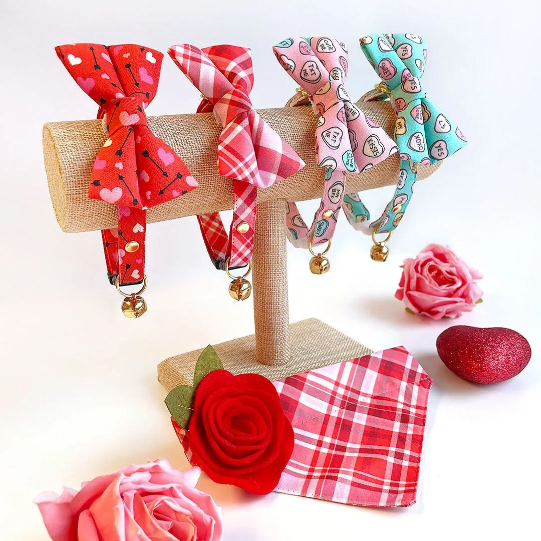 Bow Tie Cat Collar Set - "Conversation Hearts - Pink" - Candy Heart Cat Collar w/ Matching Bowtie / Valentine's Day / Cat, Kitten, Small Dog Sizes