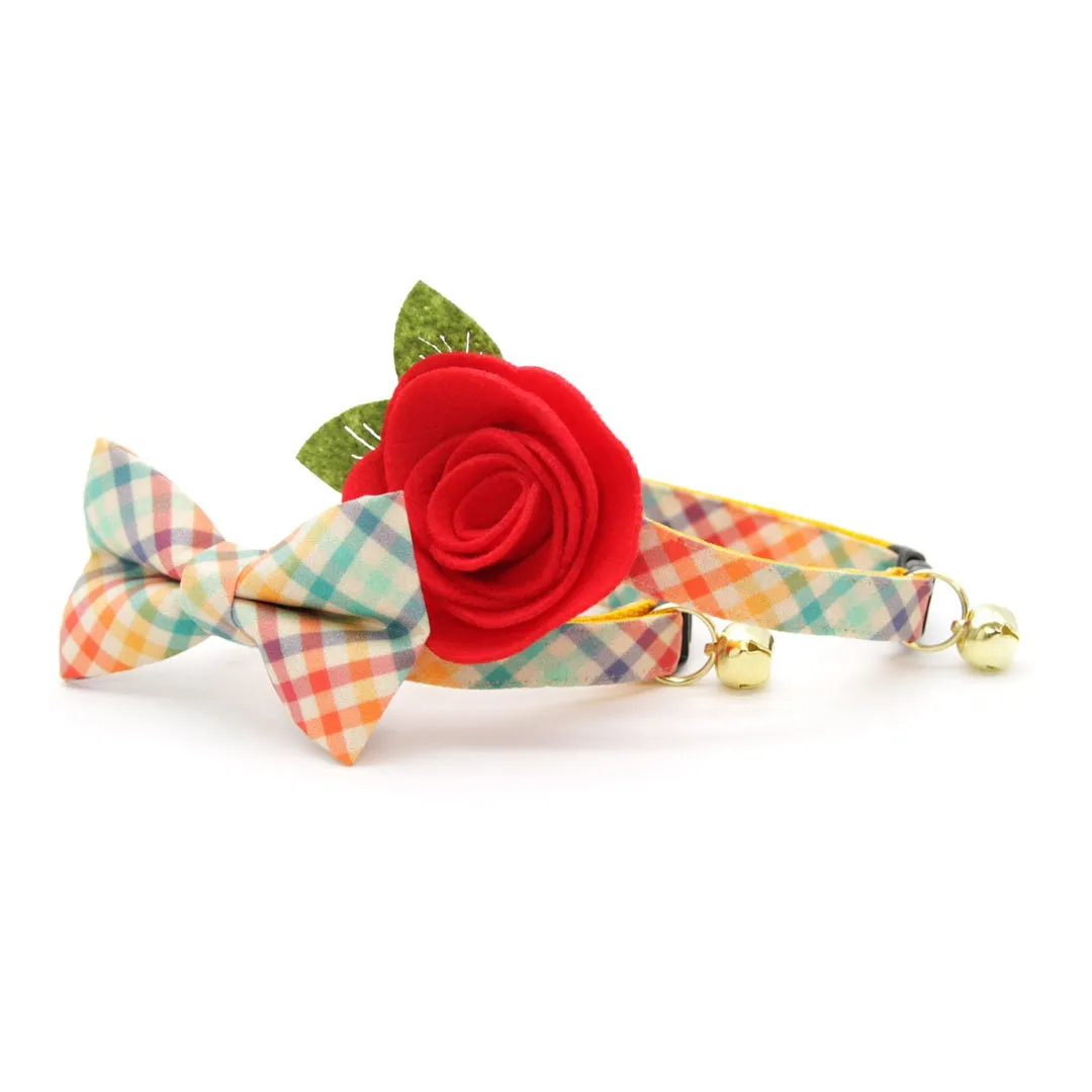 Bow Tie Cat Collar Set - "Golden Hour" - Rainbow Plaid Cat Collar w/ Matching Bowtie / Easter, Spring, Summer, Fall / Cat, Kitten, Small Dog Sizes