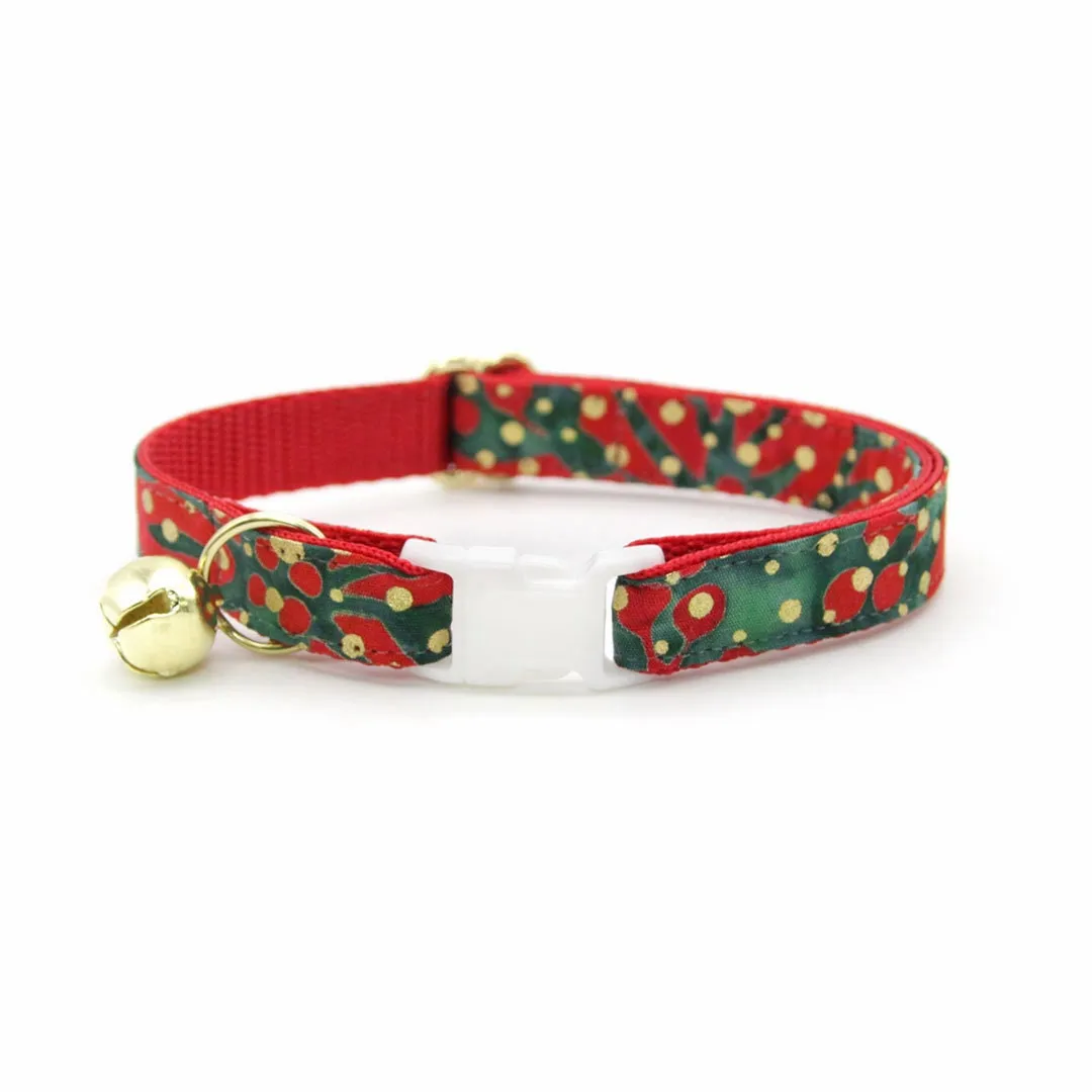 Bow Tie Cat Collar Set - "Joy" - Christmas Red Green & Gold Dot Cat Collar w/ Matching Bowtie / Holiday / Cat, Kitten, Small Dog Sizes