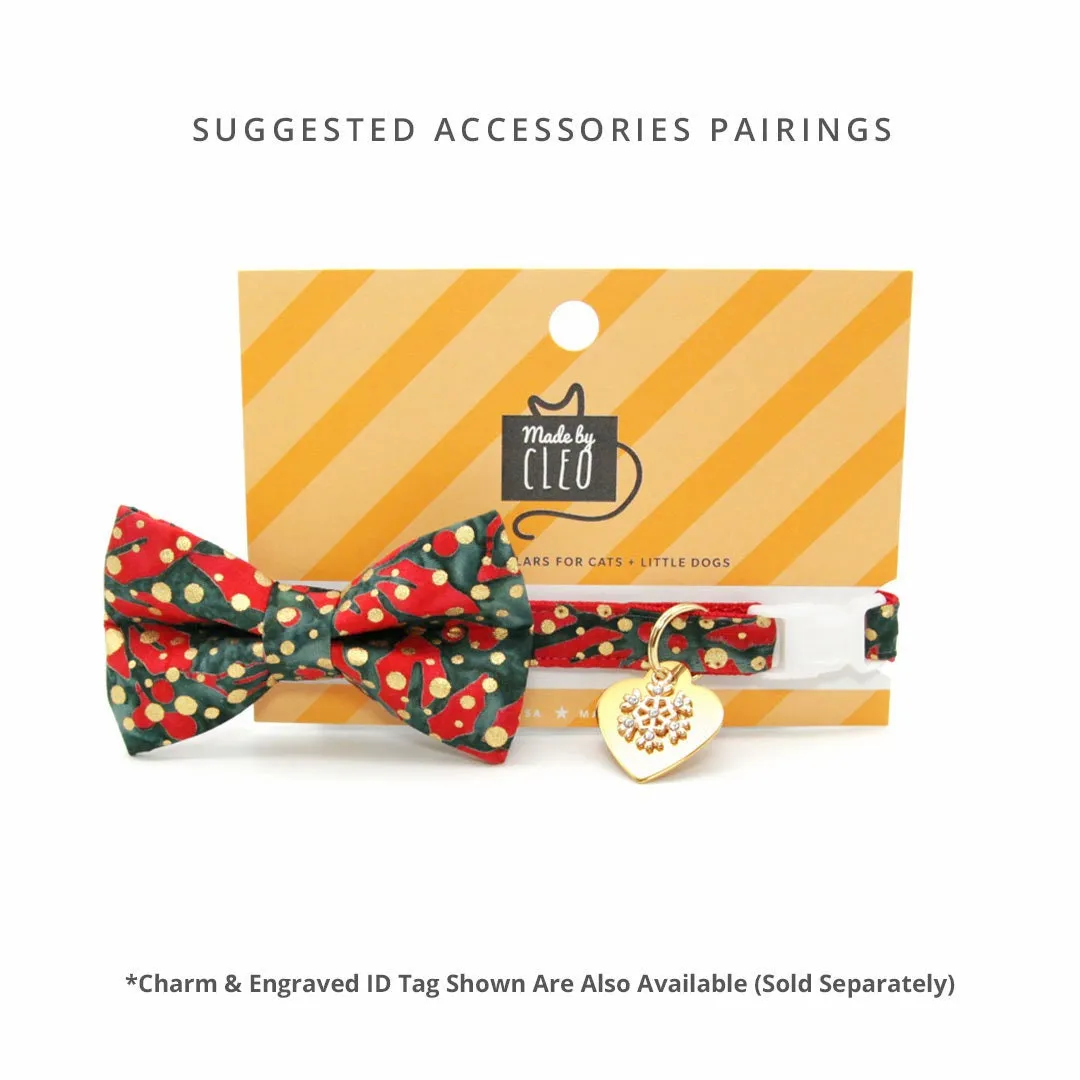 Bow Tie Cat Collar Set - "Joy" - Christmas Red Green & Gold Dot Cat Collar w/ Matching Bowtie / Holiday / Cat, Kitten, Small Dog Sizes