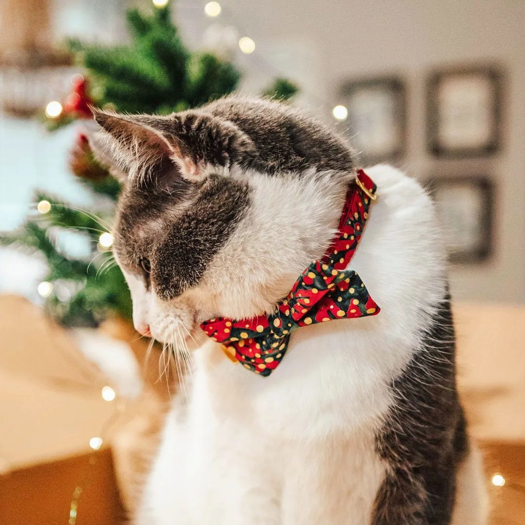 Bow Tie Cat Collar Set - "Joy" - Christmas Red Green & Gold Dot Cat Collar w/ Matching Bowtie / Holiday / Cat, Kitten, Small Dog Sizes