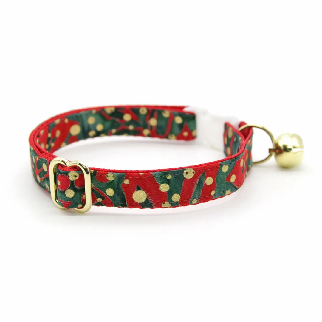 Bow Tie Cat Collar Set - "Joy" - Christmas Red Green & Gold Dot Cat Collar w/ Matching Bowtie / Holiday / Cat, Kitten, Small Dog Sizes