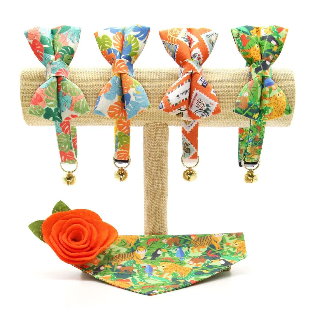 Bow Tie Cat Collar Set - "Jungle Vibes" - Tropical Rainforest Green Cat Collar w/ Matching Bowtie / Nature, Safari, Animals / Cat, Kitten, Small Dog Sizes