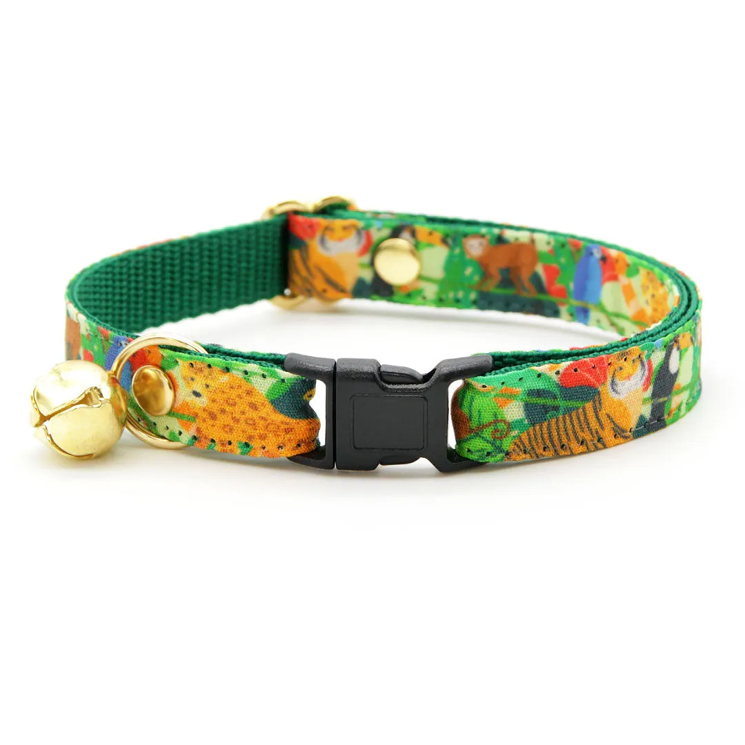 Bow Tie Cat Collar Set - "Jungle Vibes" - Tropical Rainforest Green Cat Collar w/ Matching Bowtie / Nature, Safari, Animals / Cat, Kitten, Small Dog Sizes