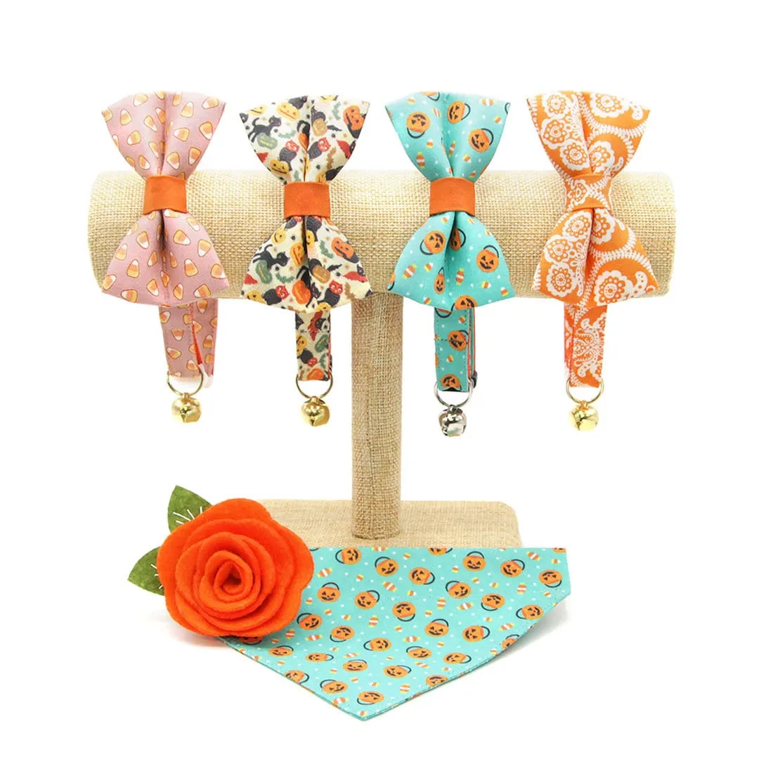 Bow Tie Cat Collar Set - "Party Pumpkins" - Trick-or-Treat Jackolantern Cat Collar w/ Matching Bowtie / Halloween / Cat, Kitten, Small Dog Sizes