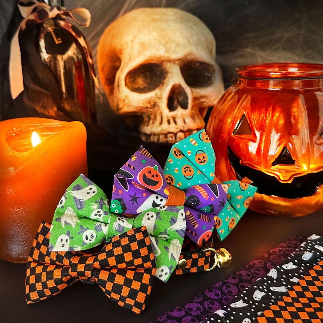 Bow Tie Cat Collar Set - "Party Pumpkins" - Trick-or-Treat Jackolantern Cat Collar w/ Matching Bowtie / Halloween / Cat, Kitten, Small Dog Sizes