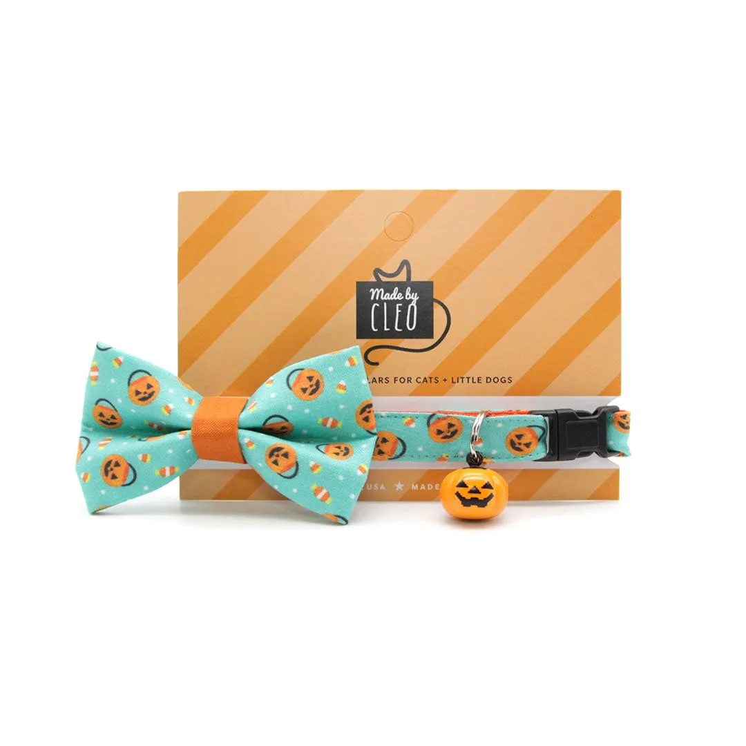Bow Tie Cat Collar Set - "Party Pumpkins" - Trick-or-Treat Jackolantern Cat Collar w/ Matching Bowtie / Halloween / Cat, Kitten, Small Dog Sizes