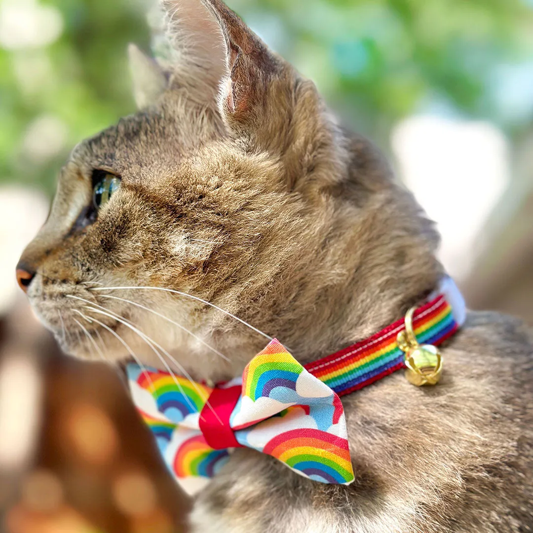 Bow Tie Cat Collar Set - "Retro Rainbow" - Rainbow Pet Collar   Coordinating "Rainbow Magic" Bowtie / Cat, Kitten, Small Dog Sizes