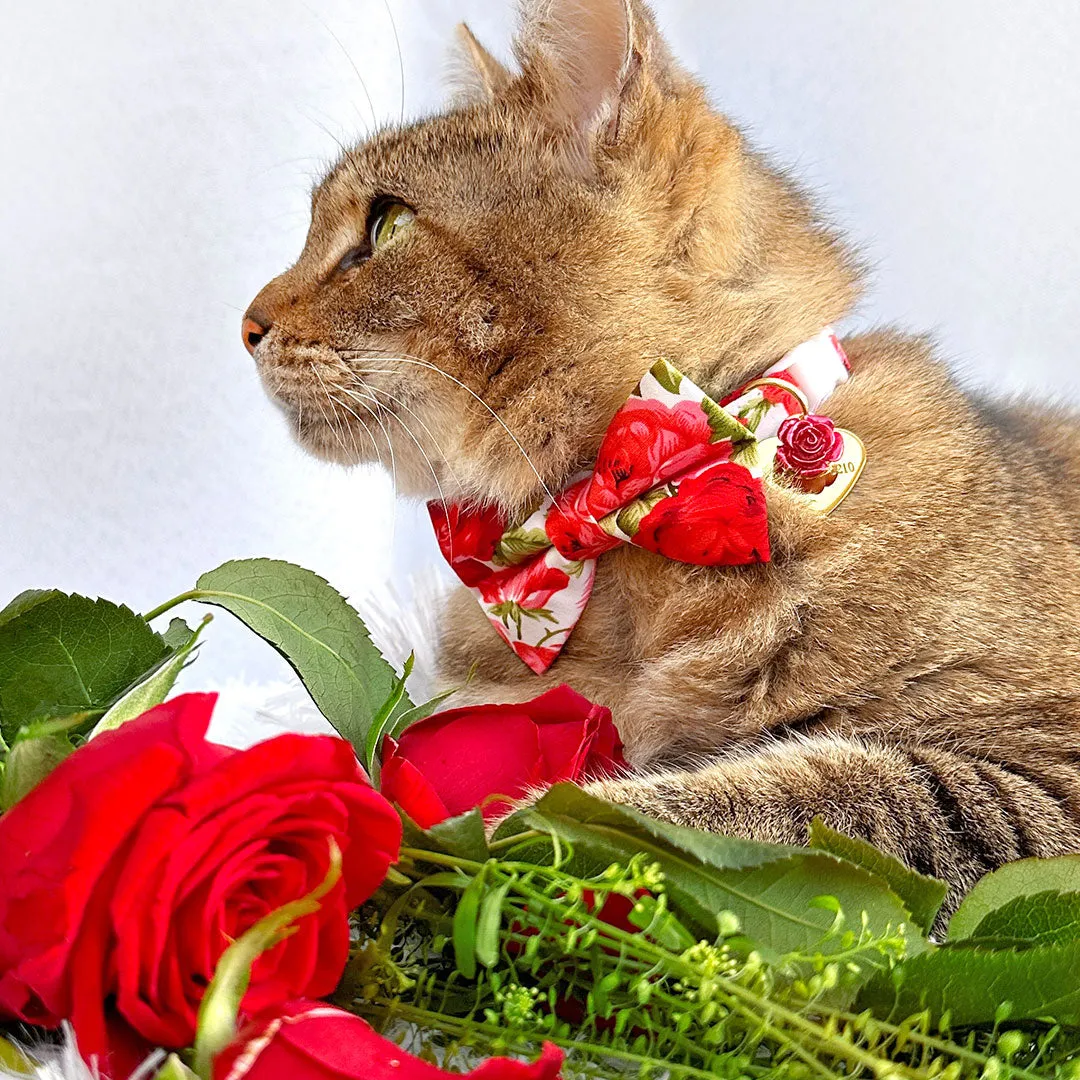 Bow Tie Cat Collar Set - "Roses" - Red Rose Cat Collar w/ Matching Bowtie / Valentine's Day, Floral, Wedding / Cat, Kitten, Small Dog Sizes