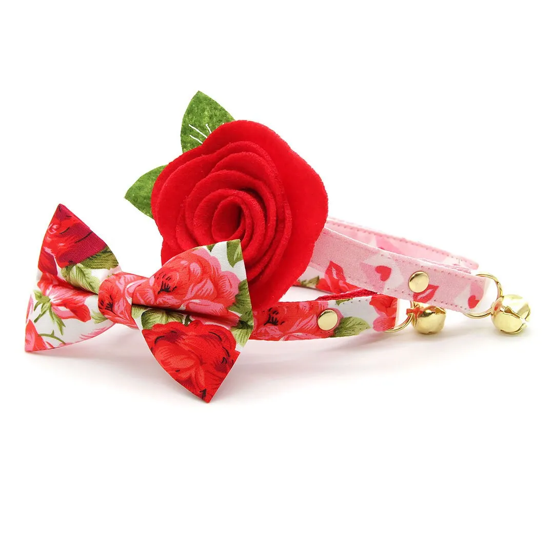 Bow Tie Cat Collar Set - "Roses" - Red Rose Cat Collar w/ Matching Bowtie / Valentine's Day, Floral, Wedding / Cat, Kitten, Small Dog Sizes