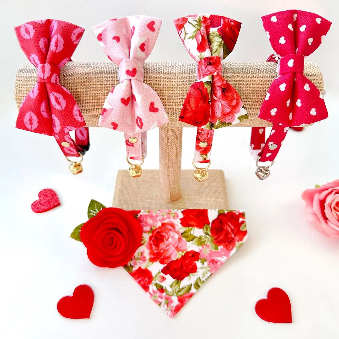 Bow Tie Cat Collar Set - "Roses" - Red Rose Cat Collar w/ Matching Bowtie / Valentine's Day, Floral, Wedding / Cat, Kitten, Small Dog Sizes
