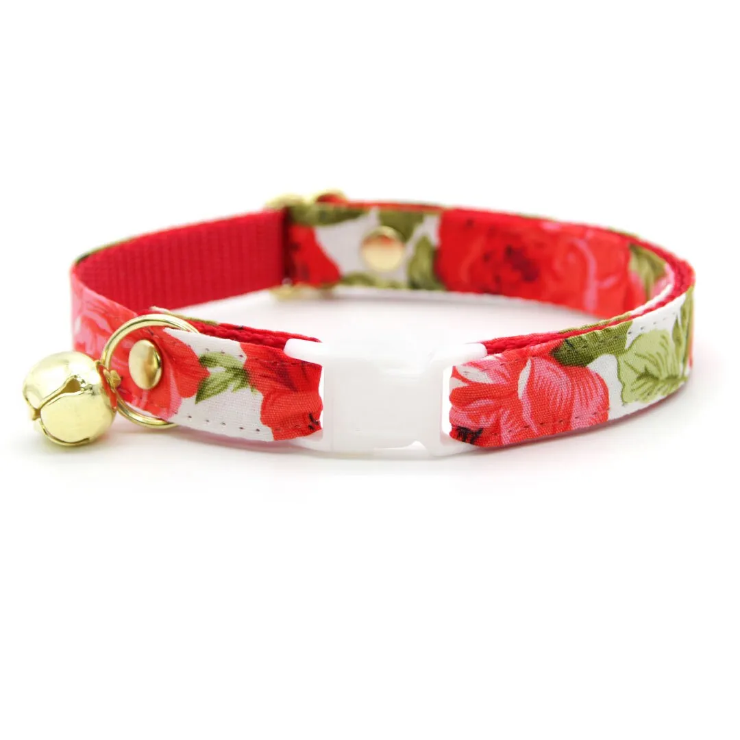 Bow Tie Cat Collar Set - "Roses" - Red Rose Cat Collar w/ Matching Bowtie / Valentine's Day, Floral, Wedding / Cat, Kitten, Small Dog Sizes