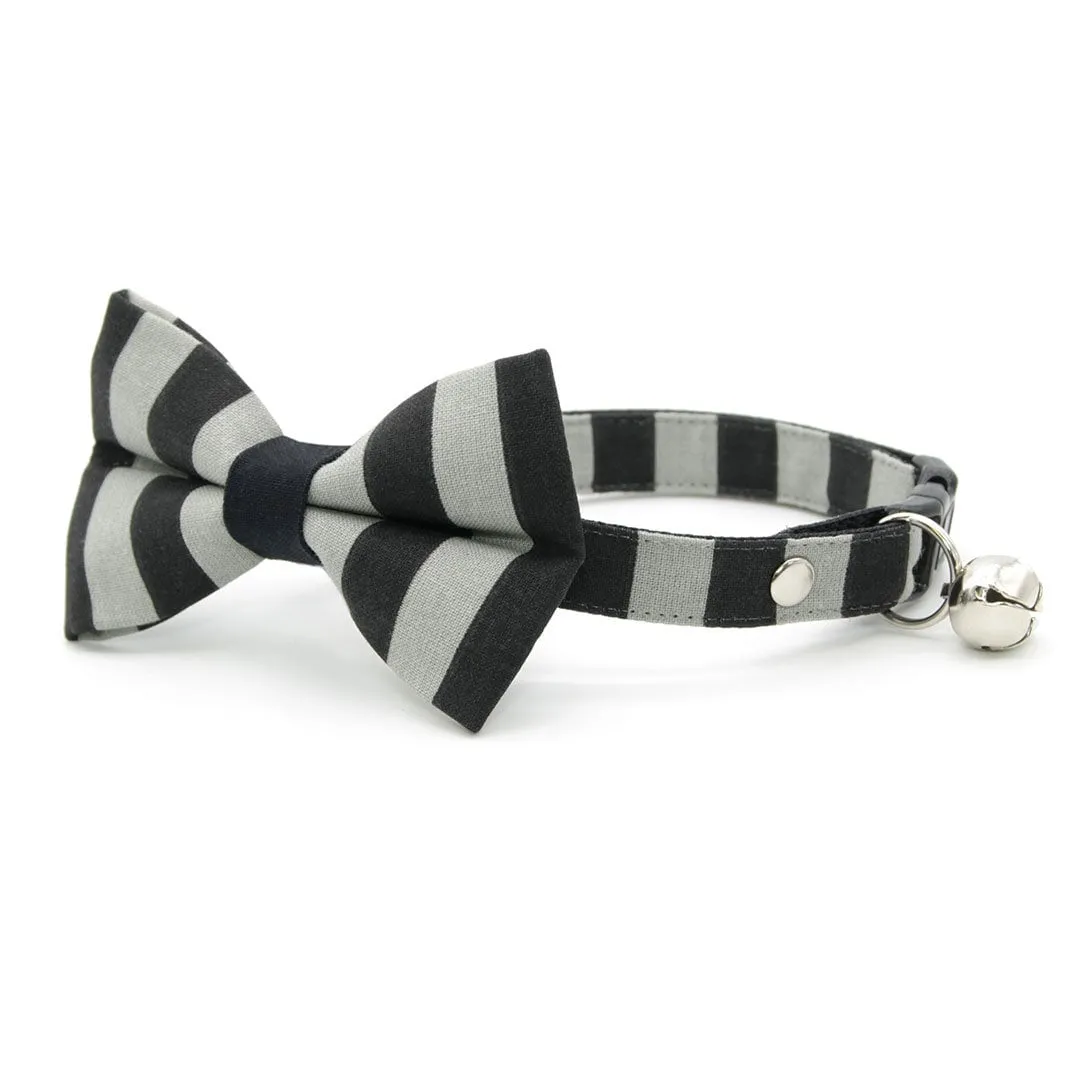 Bow Tie Cat Collar Set - "Unexpected Guest" - Black & Gray Striped Cat Collar w/ Matching Bowtie / Halloween, Beetlejuice / Cat, Kitten, Small Dog Sizes