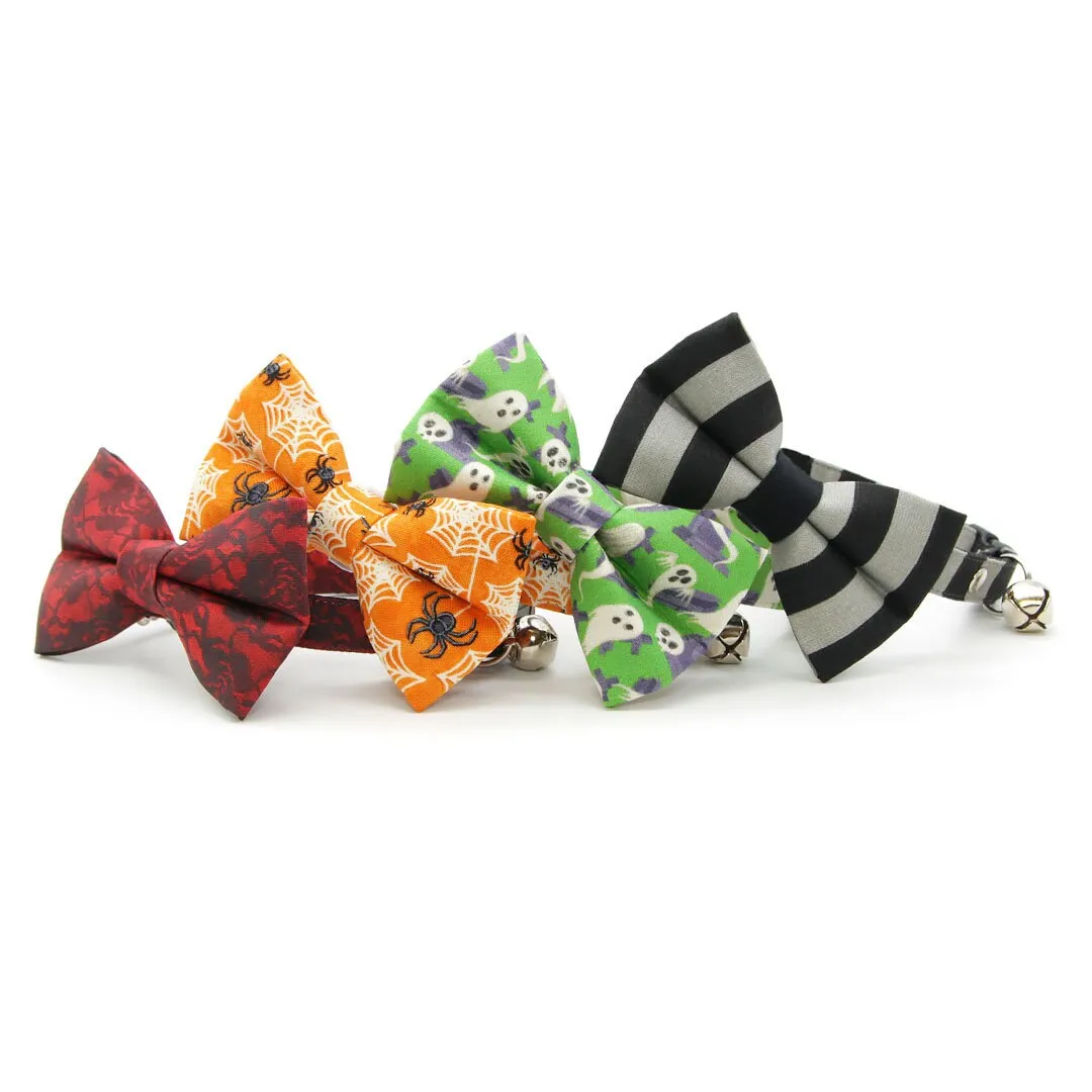 Bow Tie Cat Collar Set - "Unexpected Guest" - Black & Gray Striped Cat Collar w/ Matching Bowtie / Halloween, Beetlejuice / Cat, Kitten, Small Dog Sizes