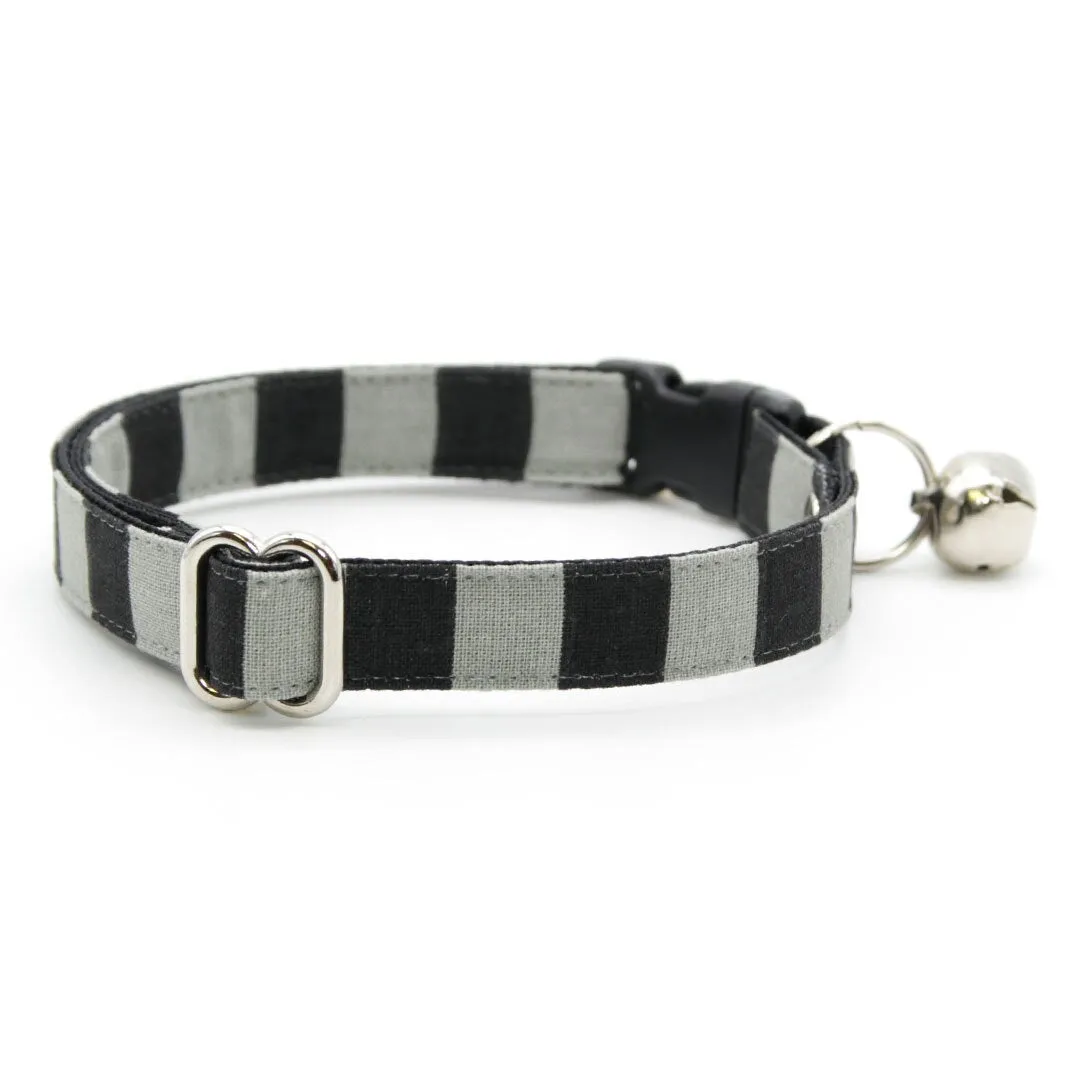 Bow Tie Cat Collar Set - "Unexpected Guest" - Black & Gray Striped Cat Collar w/ Matching Bowtie / Halloween, Beetlejuice / Cat, Kitten, Small Dog Sizes