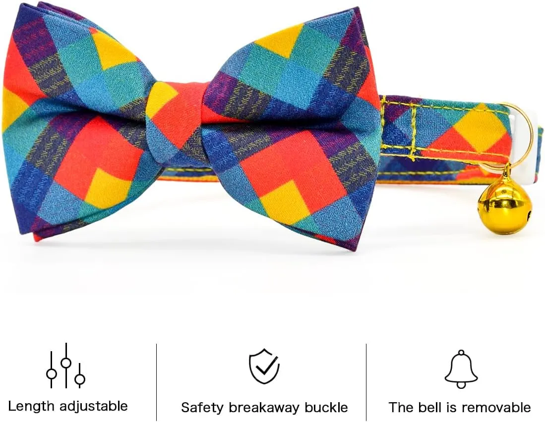 Bright Plaid Cat Bowtie with Collar, Breakaway Safety Kitten Collar, Cat Outfit Accessories, XXS (6" - 10")