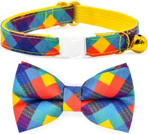Bright Plaid Cat Bowtie with Collar, Breakaway Safety Kitten Collar, Cat Outfit Accessories, XXS (6" - 10")