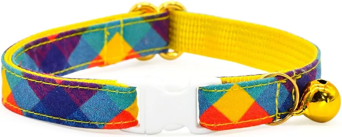 Bright Plaid Cat Bowtie with Collar, Breakaway Safety Kitten Collar, Cat Outfit Accessories, XXS (6" - 10")