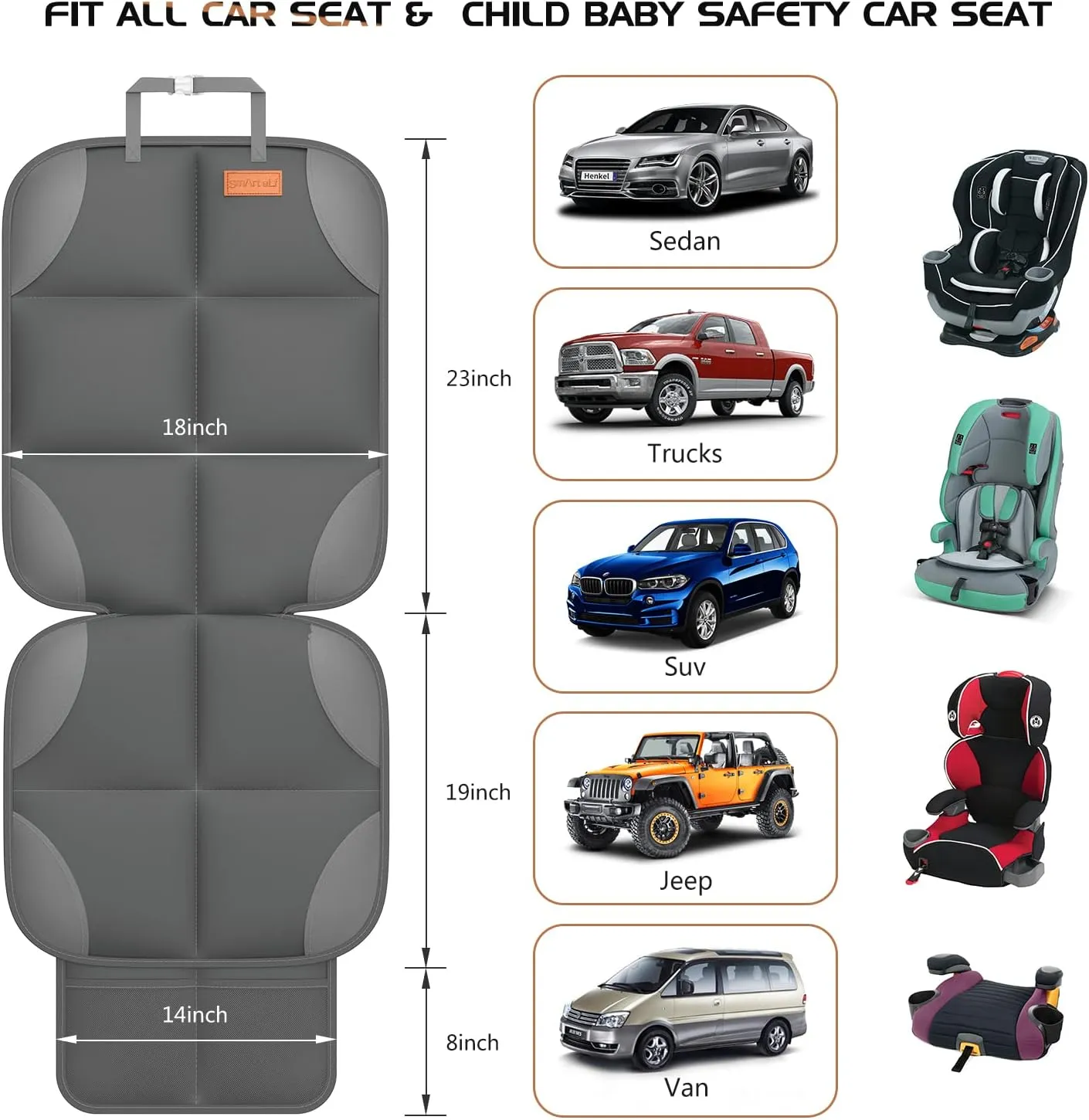 Car Seat Protector for Child Car Seat 1 Pack - Waterproof 600D Fabric Baby Seat Protectors for Non-Slip Backing Mesh Pockets for Baby and Pet, Easy Storage and CleanDark Gray