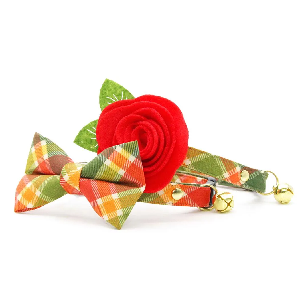 Cat Bow Tie - "Apple Crisp" - Green Plaid Bow Tie for Cat / Fall, Autumn, Thanksgiving / Cat   Small Dog Bowtie