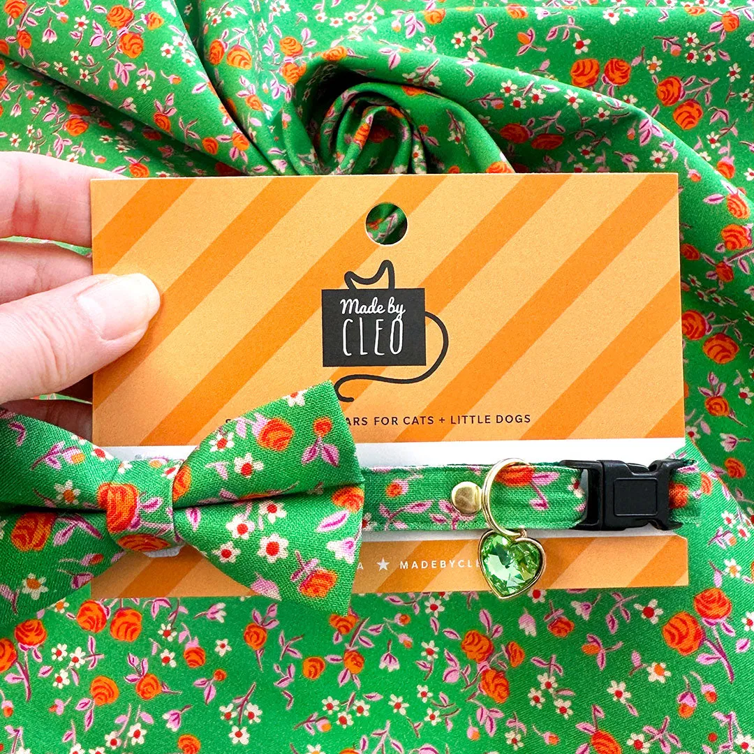 Cat Bow Tie - "Avonlea" - Garden Floral Green Bow Tie for Cat / Spring, St. Patrick's Day, Summer / Cat   Small Dog Bowtie