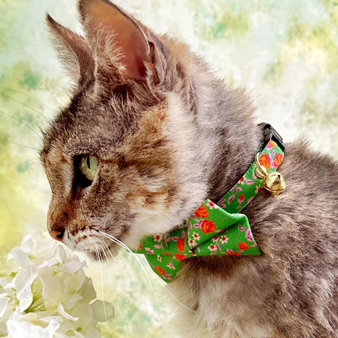 Cat Bow Tie - "Avonlea" - Garden Floral Green Bow Tie for Cat / Spring, St. Patrick's Day, Summer / Cat   Small Dog Bowtie