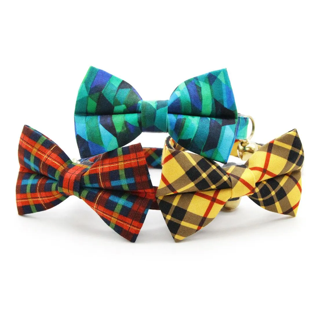 Cat Bow Tie - "Bonfire Blaze" -  Red, Blue & Green Plaid Bow Tie for Cat / Winter, Fall, Preppy / Cat   Small Dog Bowtie