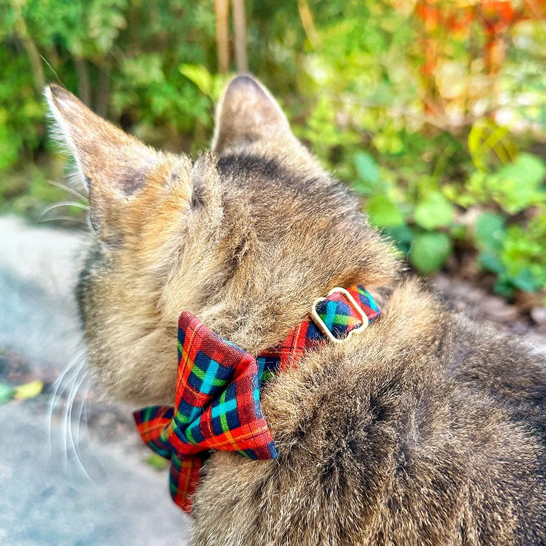 Cat Bow Tie - "Bonfire Blaze" -  Red, Blue & Green Plaid Bow Tie for Cat / Winter, Fall, Preppy / Cat   Small Dog Bowtie