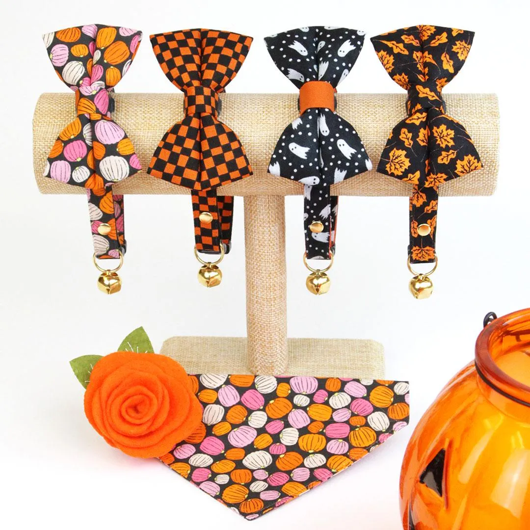 Cat Bow Tie - "Punk Rock Halloween" - Black Orange Checkered Bow Tie for Cat / Edgy, Check, Skater, Emo, Checkerboard / Cat   Small Dog Bowtie
