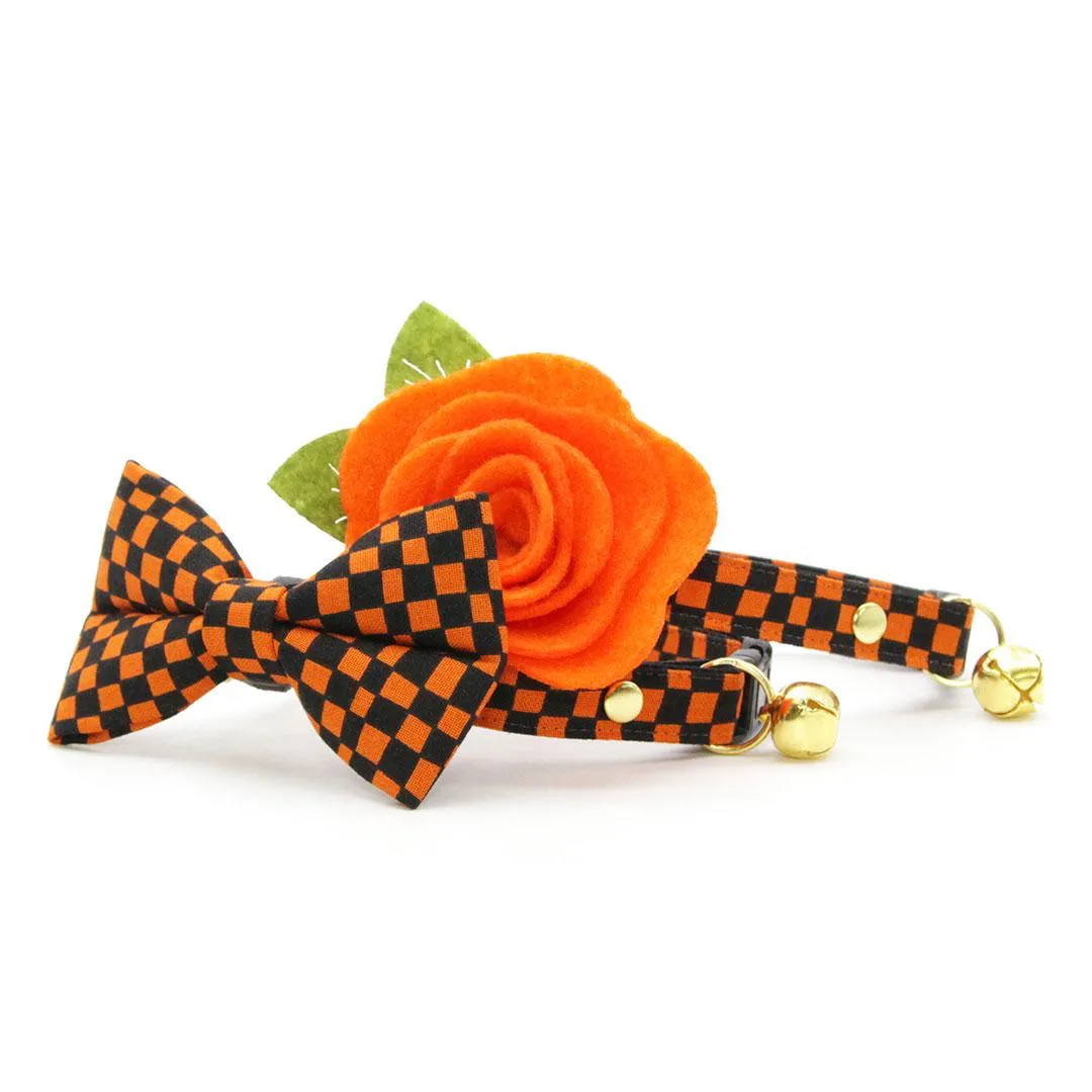 Cat Bow Tie - "Punk Rock Halloween" - Black Orange Checkered Bow Tie for Cat / Edgy, Check, Skater, Emo, Checkerboard / Cat   Small Dog Bowtie