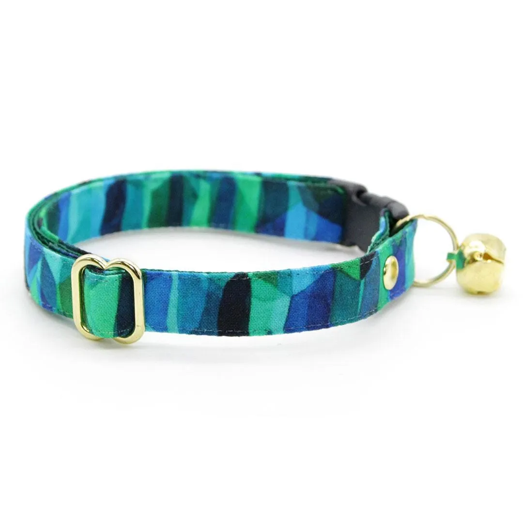 Cat Collar and Bunny Ear Bow Set - "Geometric Forest" - Green, Blue & Teal Cat Collar w/ Matching Bunny Bow Tie / Tie-On Scarf / Cat, Kitten   Small Dog Sizes