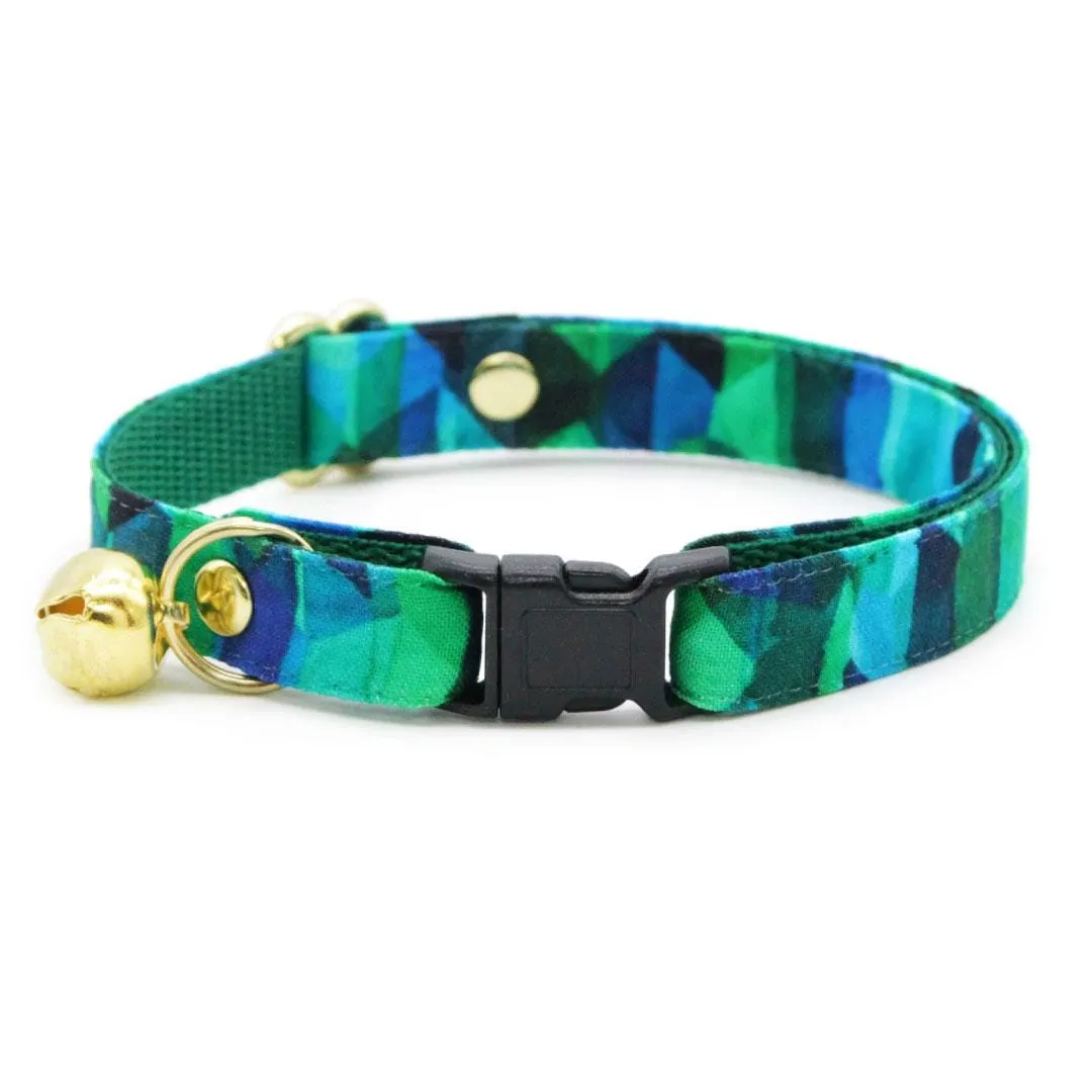 Cat Collar and Bunny Ear Bow Set - "Geometric Forest" - Green, Blue & Teal Cat Collar w/ Matching Bunny Bow Tie / Tie-On Scarf / Cat, Kitten   Small Dog Sizes