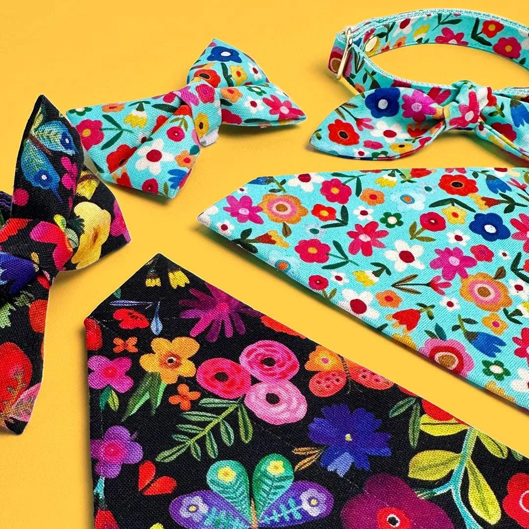 Cat Collar and Bunny Ear Bow Set - "Midnight Garden" - Black Floral Cat Collar w/ Matching Bunny Bow Tie / Tie-On Scarf / Cat, Kitten   Small Dog Sizes