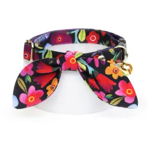 Cat Collar and Bunny Ear Bow Set - "Midnight Garden" - Black Floral Cat Collar w/ Matching Bunny Bow Tie / Tie-On Scarf / Cat, Kitten   Small Dog Sizes