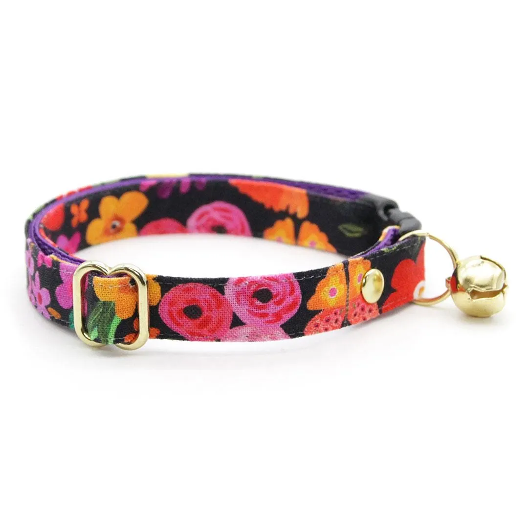 Cat Collar and Bunny Ear Bow Set - "Midnight Garden" - Black Floral Cat Collar w/ Matching Bunny Bow Tie / Tie-On Scarf / Cat, Kitten   Small Dog Sizes
