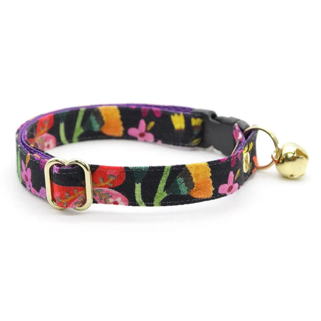 Cat Collar and Bunny Ear Bow Set - "Midnight Garden" - Black Floral Cat Collar w/ Matching Bunny Bow Tie / Tie-On Scarf / Cat, Kitten   Small Dog Sizes