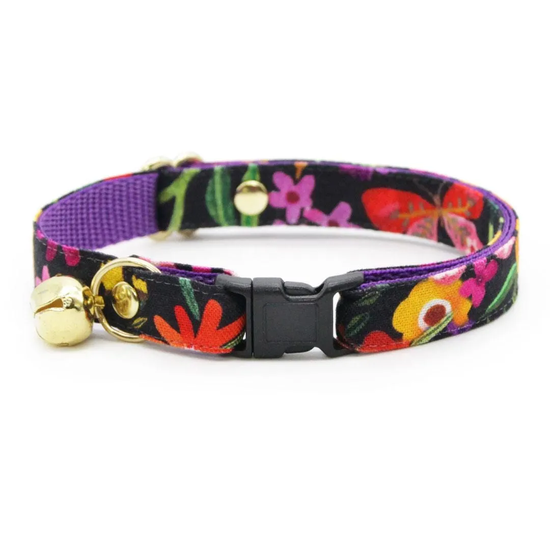 Cat Collar and Bunny Ear Bow Set - "Midnight Garden" - Black Floral Cat Collar w/ Matching Bunny Bow Tie / Tie-On Scarf / Cat, Kitten   Small Dog Sizes