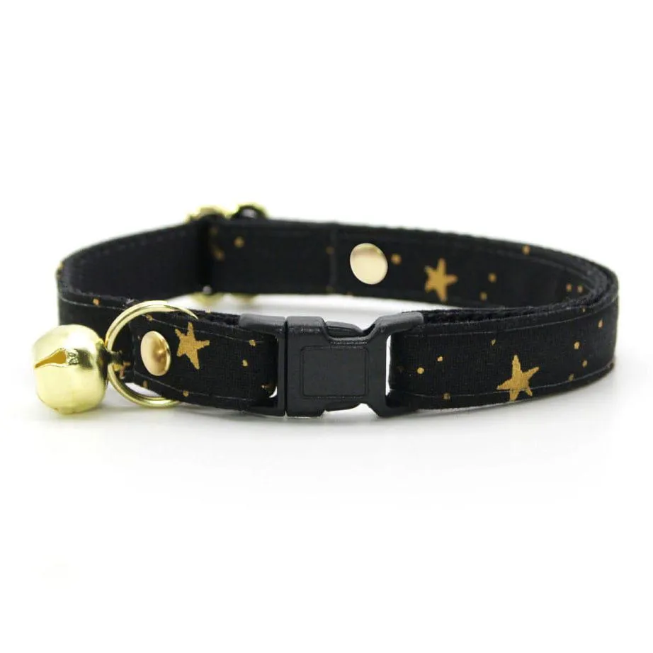 Cat Collar and Bunny Ear Bow Set - "Noir" - Rifle Paper Co® Gold Stars on Black Cat Collar w/ Matching Bunny Bow Tie / Cat, Kitten   Small Dog Sizes