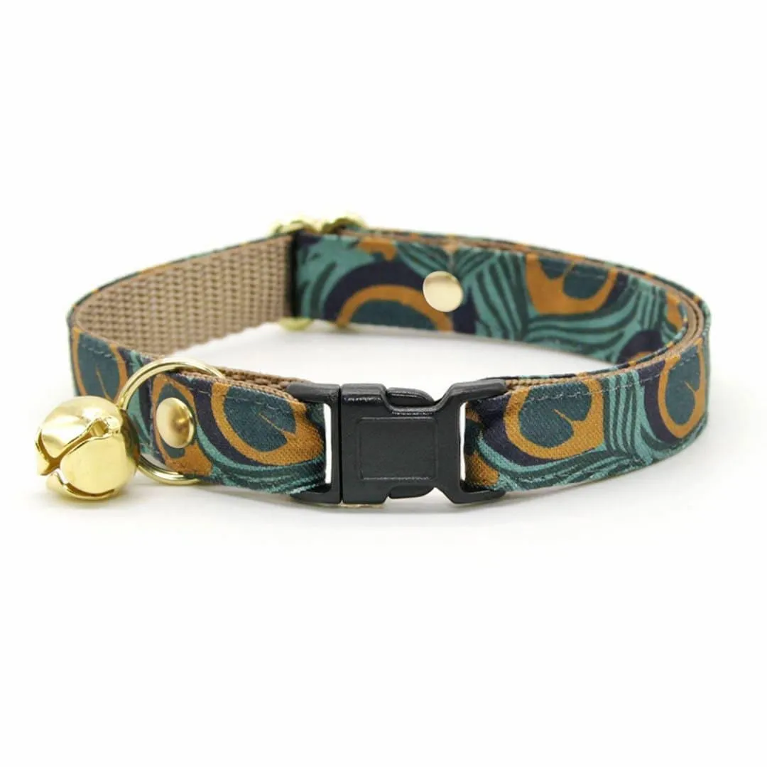 Cat Collar and Bunny Ear Bow Set - "Peacock" - Art Nouveau Teal Peacock Cat Collar w/ Matching Bunny Bow Tie / Cat, Kitten   Small Dog Sizes